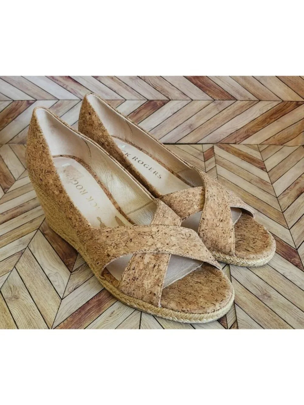 Women Jack Rogers Palmer Crisscross Wedge Tan Cork Espadrille Shoe Size 7.5